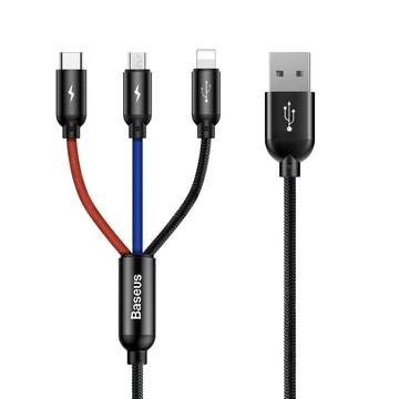 Baseus 3in1 USB-A töltőkábel – microUSB / Lightning / Type-C, 3.5A, 0.3 m – Fekete