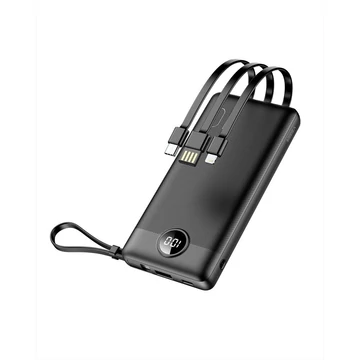 Veger C10 Powerbank 10000 mAh beépített kábelekkel – USB-C, Lightning, Micro USB, LED kijelző – Fekete
