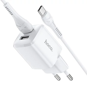 Hoco N8 Briar Hálózati Töltő 2Xusb 2.4A + Type-C Kábel Fehér