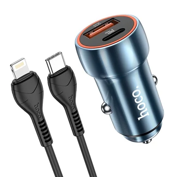 Hoco Z46A Autós Töltő Type-C + Usb 20W + Type-C - Lightning Kábel Kék