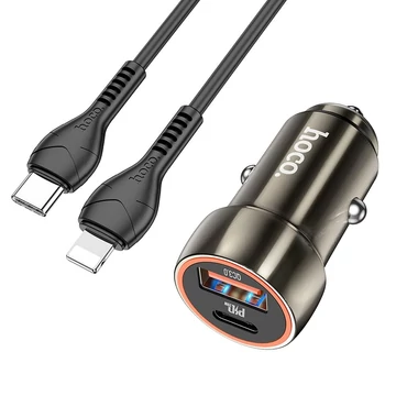 Hoco Z46A Autós Töltő Type-C + Usb 20W + Type-C - Lightning Kábel Szürke
