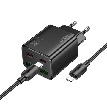 Hoco N56 hálózati töltő 2×USB-C + 2×USB-A PD/QC3.0 30W + Type-C–Lightning kábel – Fekete