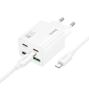 Hoco N56 hálózati töltő 2×USB-C + 2×USB-A PD/QC3.0 30W + Type-C–Lightning kábel – Fehér