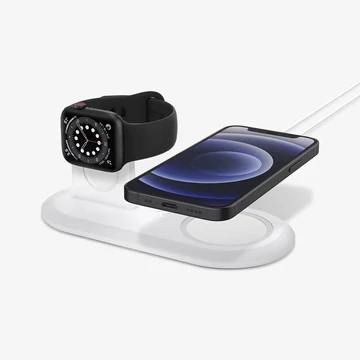 Spigen Mag Fit Duo 2 az 1-ben mágneses töltőállvány iPhone-hoz és Apple Watch-hoz – Fehér