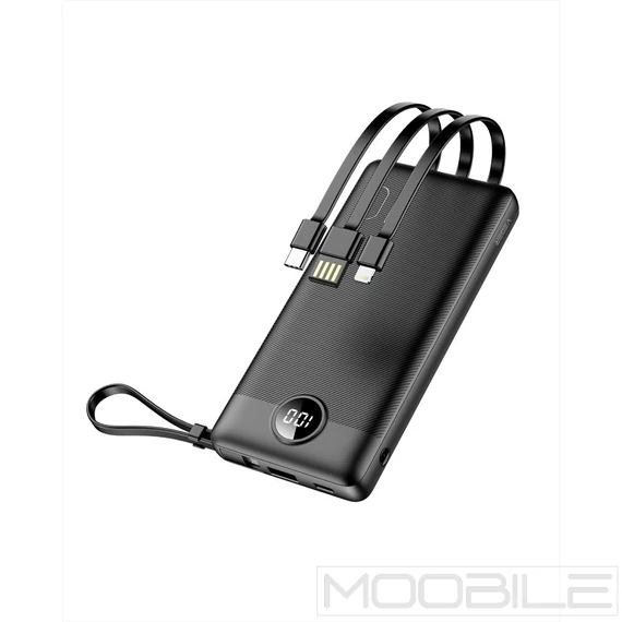 Veger C10 Powerbank 10000 mAh beépített kábelekkel – USB-C, Lightning, Micro USB, LED kijelző – Fekete