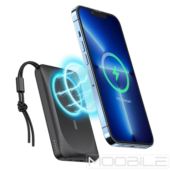 Veger MagOn Powerbank 10 000 mAh vezeték nélküli töltéssel, MagSafe, PD 22.5W, QC 3.0 – Fekete