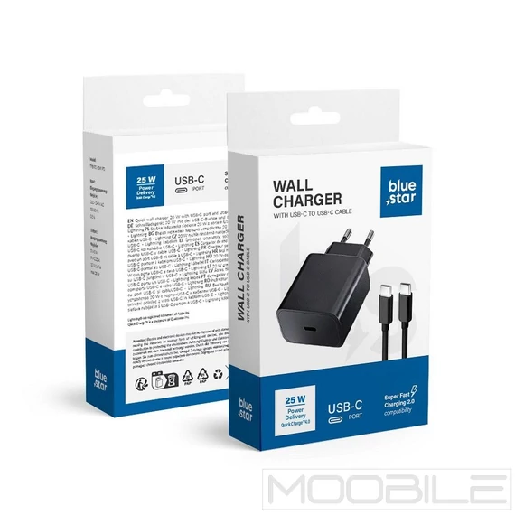 Blue Star USB-C Hálózati Gyorstöltő TFB-TC-25WPD + QC 4.0 USB-C – USB-C Kábellel – Fekete