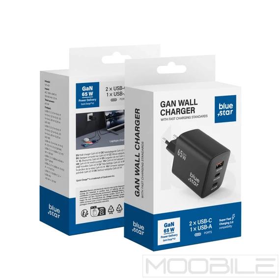Blue Star GaN hálózati gyorstöltő 65W – 2× USB-C + USB-A, PD / QC 4.0 / Super Fast Charging 2.0 – Fekete