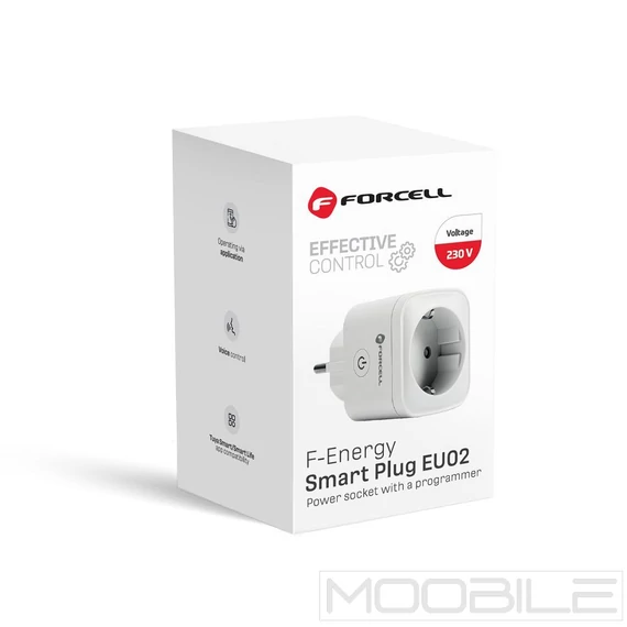 Forcell F-Energy EU02 okos konnektor Wi-Fi-vel, 230V, Tuya/Alexa kompatibilis – Fehér