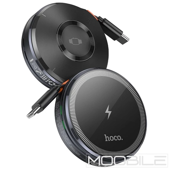 Hoco CQ18 15W vezeték nélküli töltő, kihúzható Type-C kábellel, MagSafe és Apple Watch kompatibilitás – Szürke