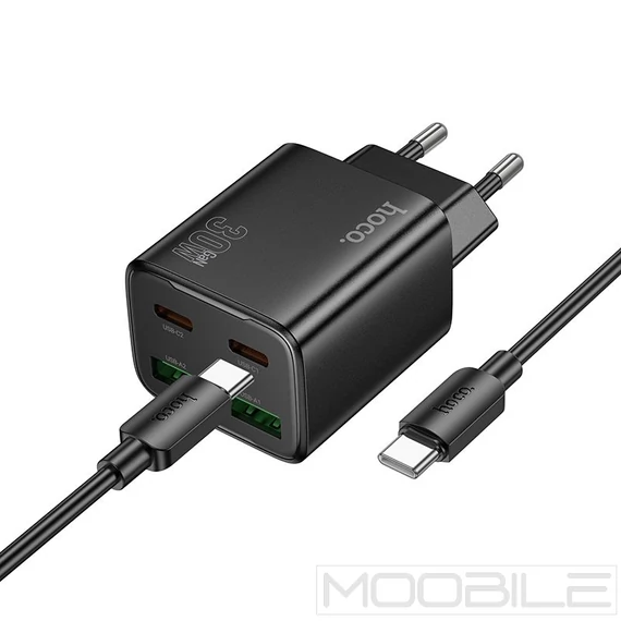 Hoco N56 hálózati töltő 2×USB-C + 2×USB-A PD/QC3.0 30W + Type-C–Type-C kábel – Fekete