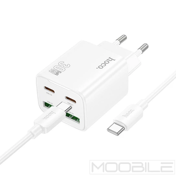 Hoco N56 hálózati töltő 2×USB-C + 2×USB-A PD/QC3.0 30W + Type-C–Type-C kábel – Fehér