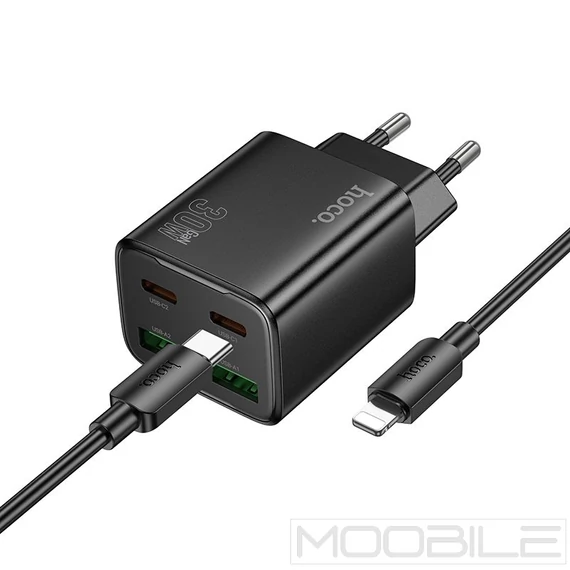 Hoco N56 hálózati töltő 2×USB-C + 2×USB-A PD/QC3.0 30W + Type-C–Lightning kábel – Fekete