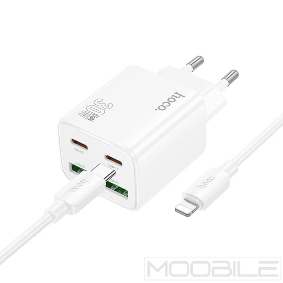 Hoco N56 hálózati töltő 2×USB-C + 2×USB-A PD/QC3.0 30W + Type-C–Lightning kábel – Fehér