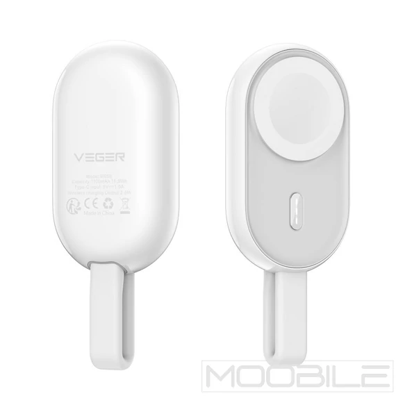 Veger Pomme 1200 mAh mini powerbank Apple Watch-hoz, vezeték nélküli töltés, USB-C – Fehér